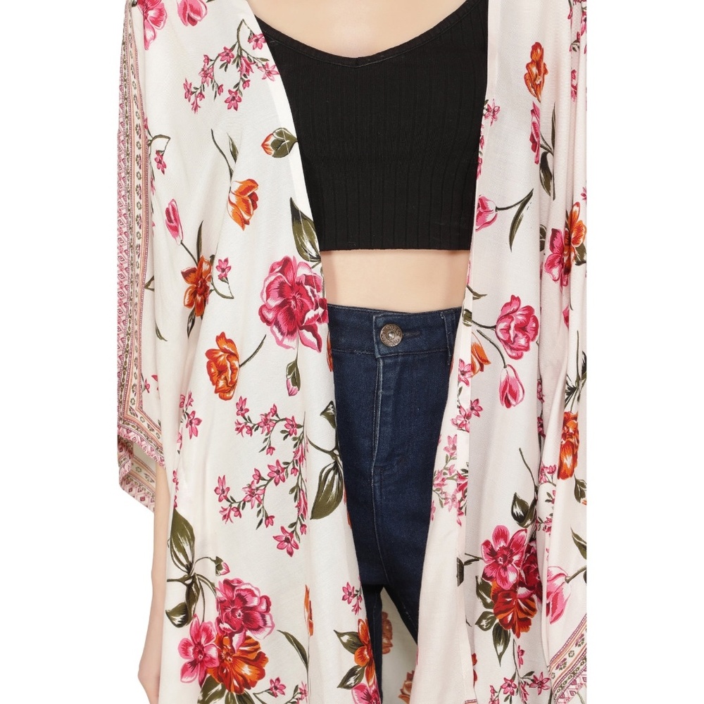 Japna Flower Floral Print Boho Festival Open Front Cascading Shrug Kaftan Kimono